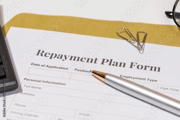 Fototapeta Repayment Agreement Document with Pen – Tabletop View of Loan and Finance Planning

