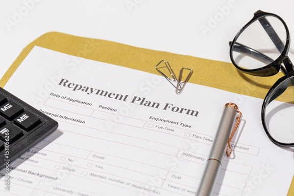 Fototapeta Financial Planning Setup – Repayment Plan Form Ready for Signature with Pen on Desk