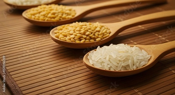 Obraz Assorted Grains and Pasta in Wooden Spoons on Bamboo Mat
