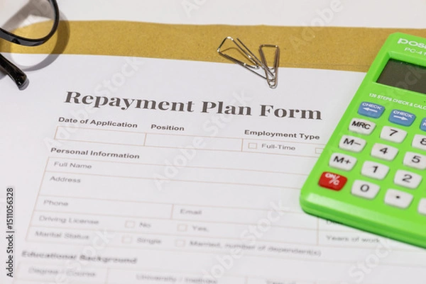 Fototapeta Loan Repayment Document on Tabletop with Pen – Personal Finance and Payment Scheduling Scene