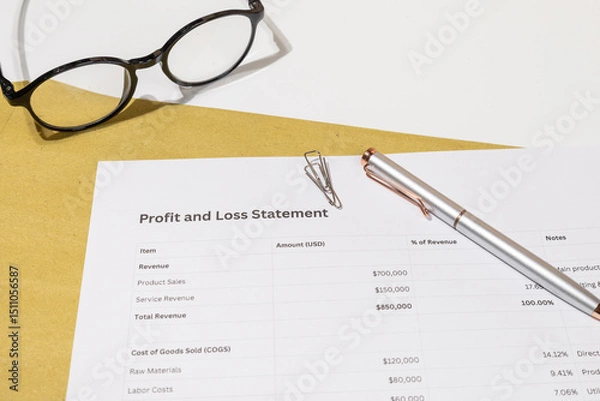 Fototapeta Business Accounting Document on Table – Profit and Loss Overview with Writing Tools