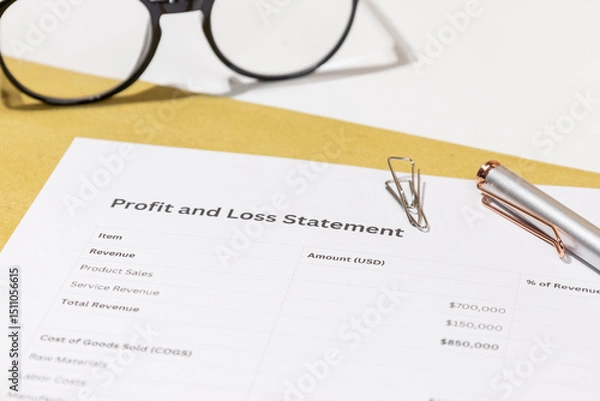 Fototapeta Detailed Profit & Loss Report with Eyeglasses and Pen – Accounting and Budgeting Scene