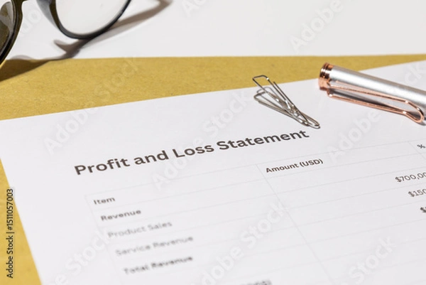 Fototapeta Profit and Loss Statement with Pen and Eyeglasses – Business Financial Review on Desk


