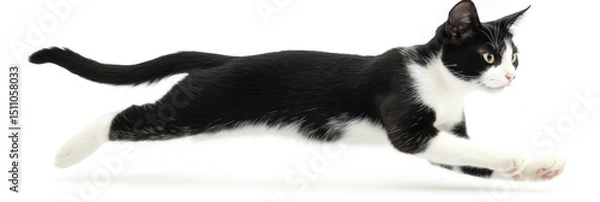 Fototapeta Dynamic tuxedo cat leaping, a symbol of agility and grace on white backdrop