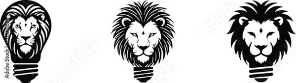 Obraz Vector three black and white lion head illustrations with light bulb base 