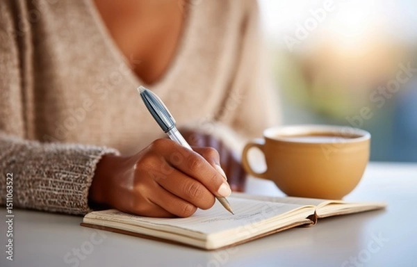 Fototapeta Morning self-care ritual with journaling and coffee in a cozy setting