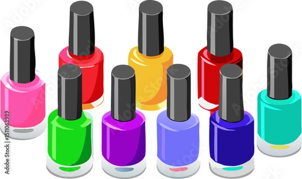Fototapeta Isolated beauty objects like colorful nail polish bottles and marker pens on a white background