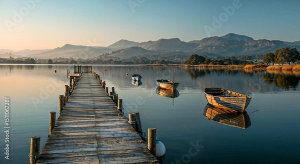 Obraz Quiet Morning: Lake Pier and Moored Boats
