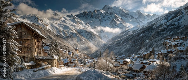 Obraz Winter Tranquility: Alpine Village in the Mountains