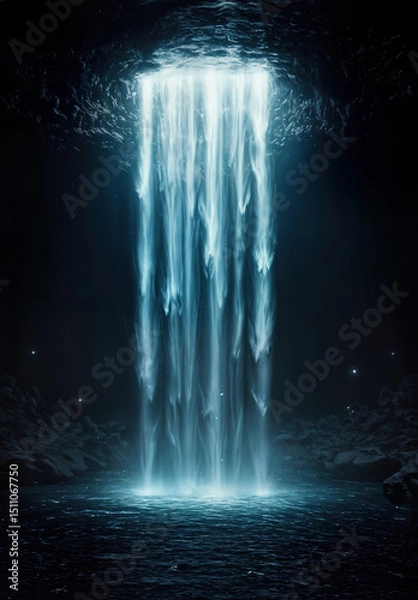 Obraz Corrupted digital data stream cascades like a waterfall into a dark void, symbolizing cyber security threats, data loss, and technological breakdown. Abstract concept.