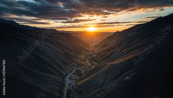Obraz Drone surveillance over a remote, rugged mountain pass at sunset. Aerial view of technology monitoring wilderness during golden hour..