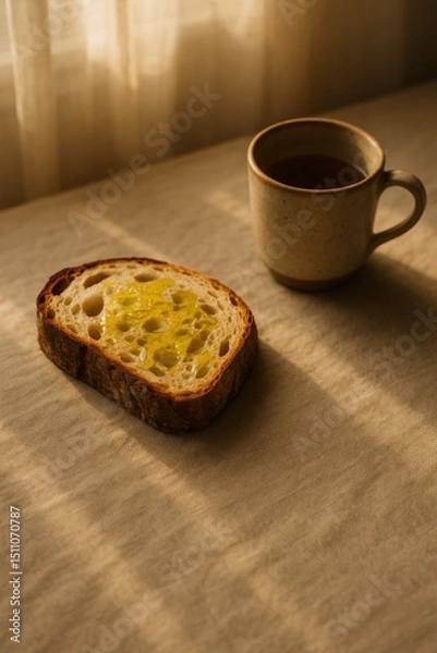 Fototapeta Rustic breakfast elegance: simple composition of bread and coffee in warm light