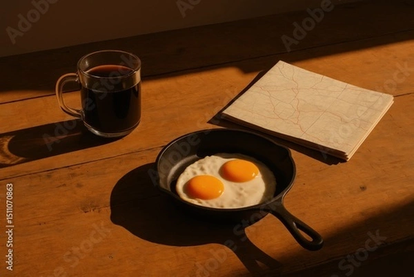 Fototapeta Rustic road trip breakfast with coffee and sunny side up eggs in natural light