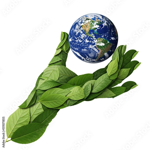 Fototapeta Eco-conscious leaf hand cradling Earth—perfect for World Environment Day, sustainability campaigns & green initiatives PNG on transparent background 