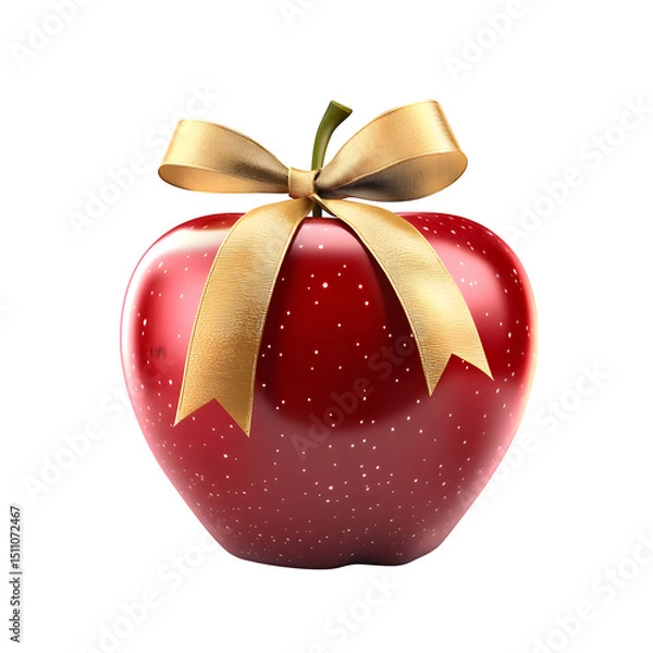 Fototapeta photorealistic shiny red apple with a golden ribbon tied around it, isolated on white, symbolizing teacher appreciation, --raw