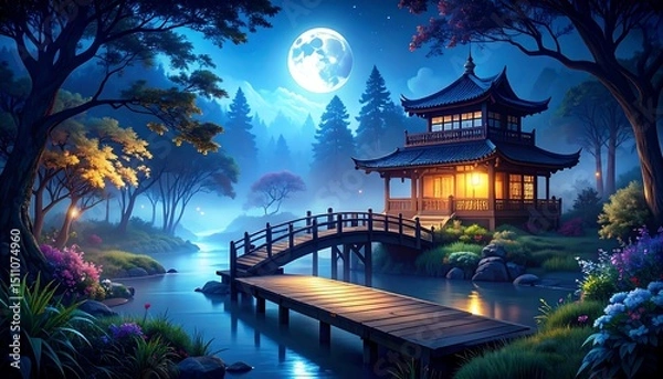Fototapeta A serene temple beside a river, illuminated by moonlight, creating a peaceful, dreamlike atmosphere.