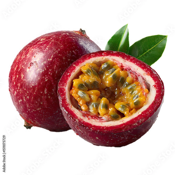 Fototapeta Ripe passion fruit cut open with vibrant seeds – fresh food photography PNG isolated on transparent background