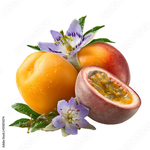 Fototapeta Exotic passion fruit and ripe apricot with elegant larkspur petals – vibrant food photography PNG isolated on transparent background