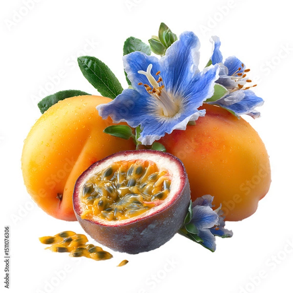 Fototapeta Exotic passion fruit and ripe apricot with elegant larkspur petals – vibrant food photography PNG isolated on transparent background