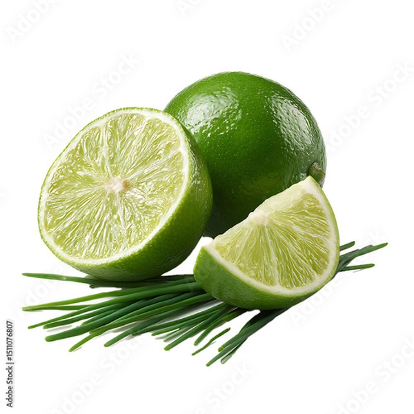 Fototapeta Zesty lime with aromatic chives – fresh food photography PNG isolated on transparent background
