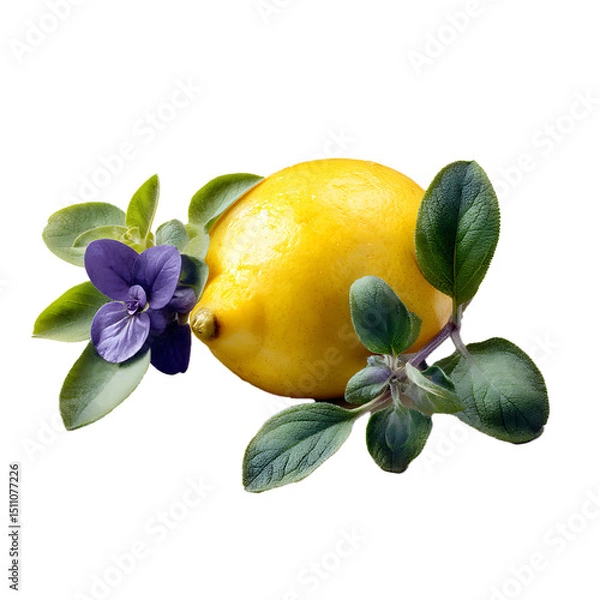 Fototapeta Bright lemon with fresh purslane and sage leaves – culinary herb and citrus PNG isolated on transparent background
