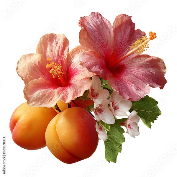 Fototapeta Lush apricot with delicate verbena and vibrant hibiscus petals – food photography PNG isolated on transparent background