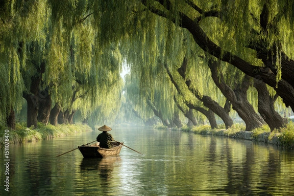 Obraz Rowing a boat down a calm river surrounded by weeping willows in summer