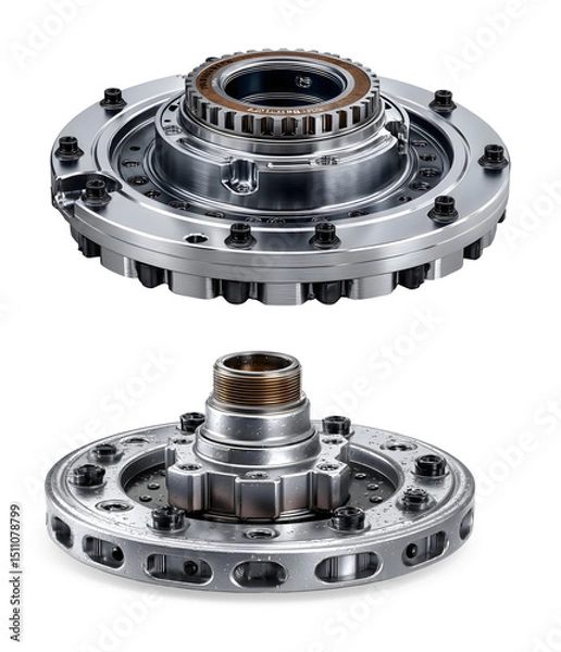 Fototapeta Two shiny metal gear parts, precision engineered, isolated on transparent background, showcasing mechanical and industrial design elements