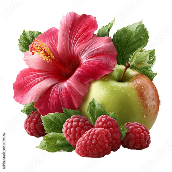 Fototapeta Bright raspberry and crisp apple with vibrant hibiscus flower petals – food photography PNG isolated on transparent background