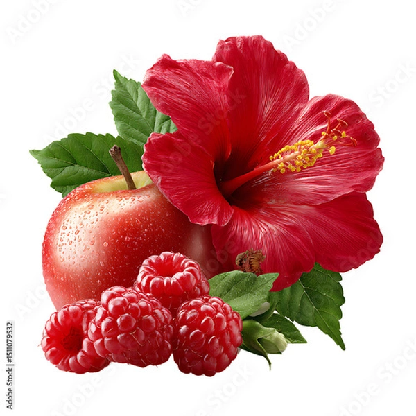 Fototapeta Bright raspberry and crisp apple with vibrant hibiscus flower petals – food photography PNG isolated on transparent background