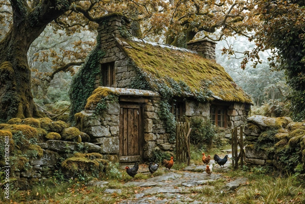 Obraz Mossy Stone Cottage in an Enchanted Forest