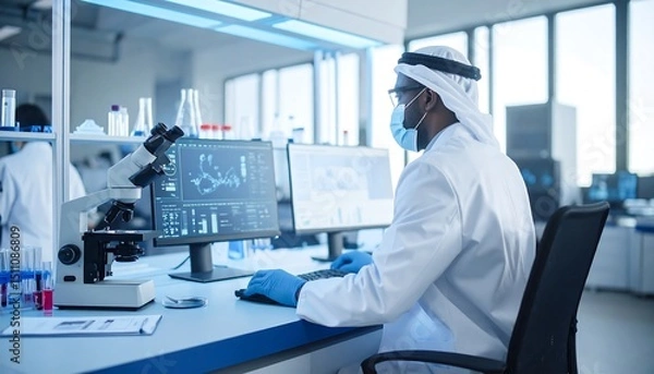 Fototapeta Scientist in a lab analyzing data on computers near microscope and vials, wearing a face mask.