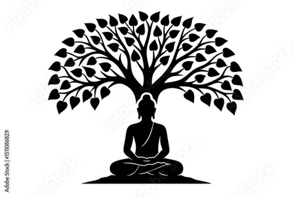 Obraz Buddha meditating under Bodhi tree — silhouette icon, transparent background PNG or SVG

