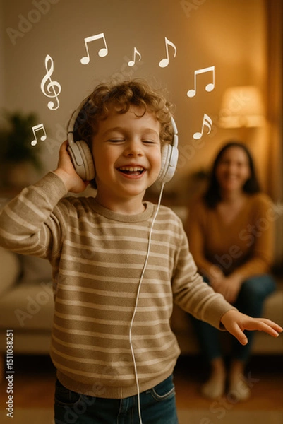 Fototapeta Enfant joyeux dansant avec un casque audio à la maison, ambiance musicale et chaleureuse, écoute active et plaisir familial en intérieur