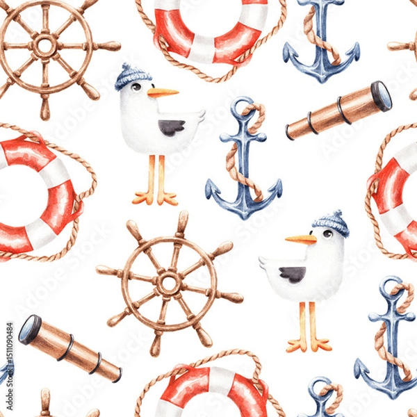 Fototapeta Seamless nautical cartoon pattern with seagull in cap, lifebuoy, spyglass, anchor and ship wheel on white background. Watercolor illustration.