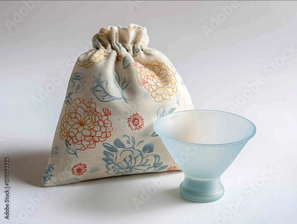 Fototapeta clear silicone menstrual cup with storage pouch placed on clean white background ecofriendly and reusable option great for zerowaste product marketing or wel