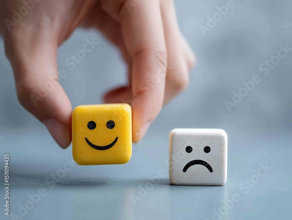 Fototapeta Hand holding smiley happy face on white cube and unhappy sad emotion on the floor World Mental Health Day Feedback rating Customer service review Think posi