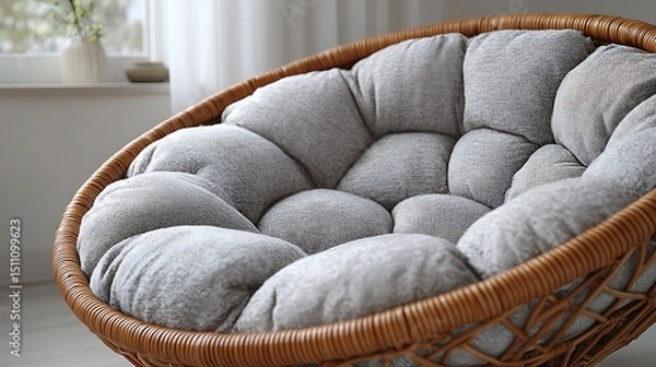 Fototapeta Modern papasan chair with soft white cushion and wood frame high resolution image