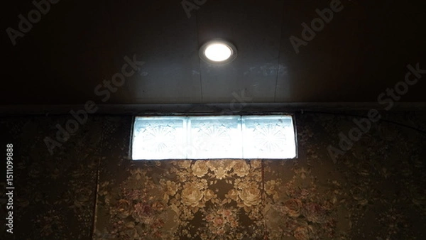 Fototapeta Basement window with floral wallpaper and overhead light fixture