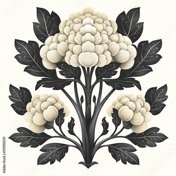 Fototapeta Retro cauliflower illustration with dense florets and leafy base black and white high resolution photo
