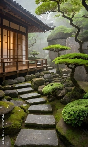 Obraz Traditional Japanese Zen Garden with Wooden House in Tranquil Setting. Ideal for concepts related to meditation, mindfulness
