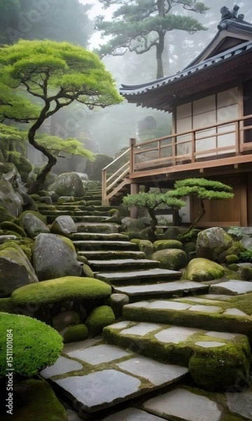 Obraz Traditional Japanese Zen Garden with Wooden House in Tranquil Setting. Ideal for concepts related to meditation, mindfulness