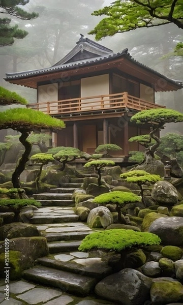Obraz Traditional Japanese Zen Garden with Wooden House in Tranquil Setting. Ideal for concepts related to meditation, mindfulness