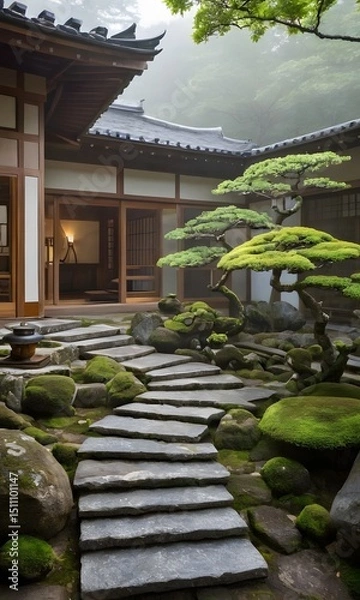 Obraz Traditional Japanese Zen Garden with Wooden House in Tranquil Setting. Ideal for concepts related to meditation, mindfulness