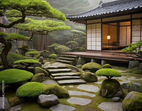 Obraz Traditional Japanese Zen Garden with Wooden House in Tranquil Setting. Ideal for concepts related to meditation, mindfulness