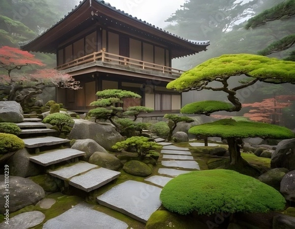 Obraz Traditional Japanese Zen Garden with Wooden House in Tranquil Setting. Ideal for concepts related to meditation, mindfulness