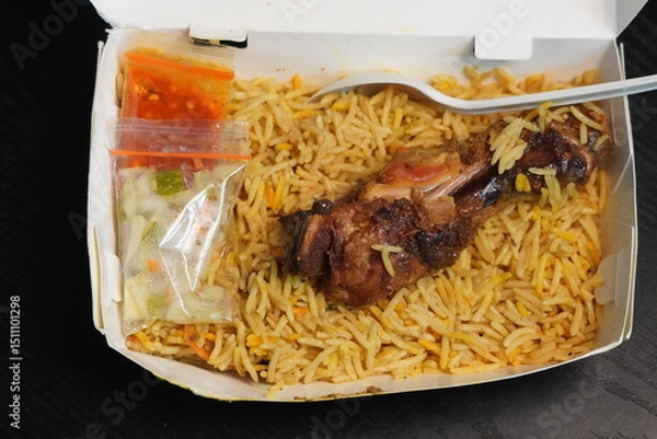 Fototapeta Chicken Biryani Takeout Container with Sauces