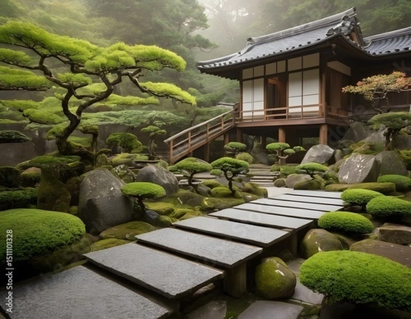 Obraz Traditional Japanese Zen Garden with Wooden House in Tranquil Setting. Ideal for concepts related to meditation, mindfulness