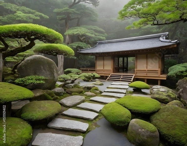 Obraz Traditional Japanese Zen Garden with Wooden House in Tranquil Setting. Ideal for concepts related to meditation, mindfulness