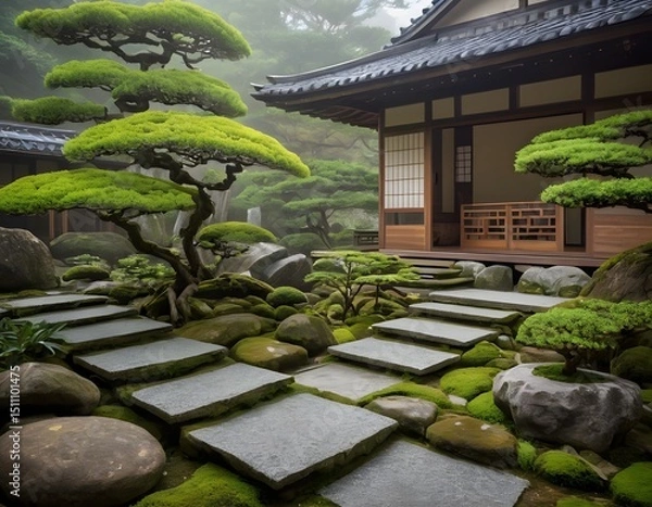 Obraz Traditional Japanese Zen Garden with Wooden House in Tranquil Setting. Ideal for concepts related to meditation, mindfulness